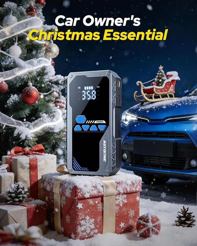 AUTOONE 8000A Jump Starter with Air Compressor (All Gas/12L Diesel), 150PSI Car Jumper Starter Portable, Jump Box Tire Inflator with LED Flashlight, LCD Display, Storage Case