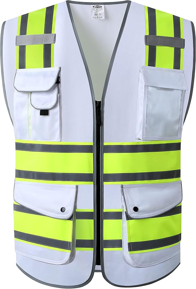 JKSafety 9 Pockets High Visibility Zipper Front Safety Vest | White with Dual Tone High Reflective Strips | Meets ANSI/ISEA Standards (901-White, X-Large)