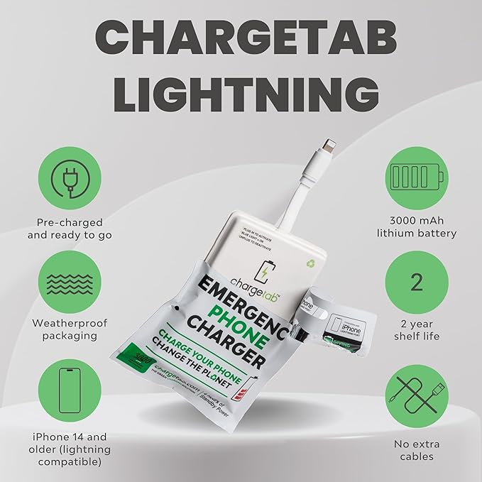 ChargeTab Emergency Portable Charger Compatible with iPhone—10 Pack Lightning Pre-Charged 3000mAh Power Packs, Slim & Lightweight with 2-Year Shelf Life, iPhone 14 and Older Models