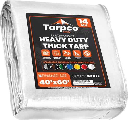 Tarpco Safety Extra Heavy Duty 14 Mil Tarp Cover, Waterproof, UV Resistant, Rip and Tear Proof, Poly Tarpaulin with Reinforced Edges for Roof, Camping, Patio, Pool, Boat (White 40′ X 60′)