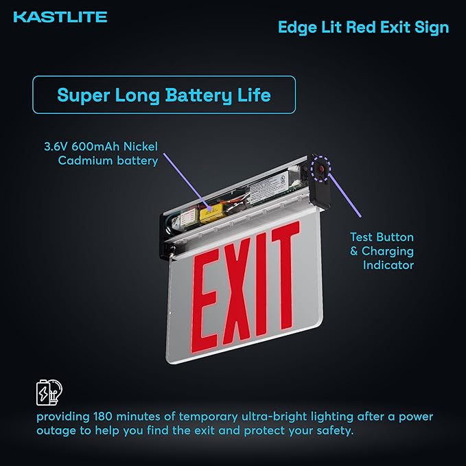 KastLite LED Emergency Edge-Lit Exit Sign, 180 Min Backup, Damp Rated, Red Letters, UL Listed, 120/277V, Acrylic Panel - 1 Pack