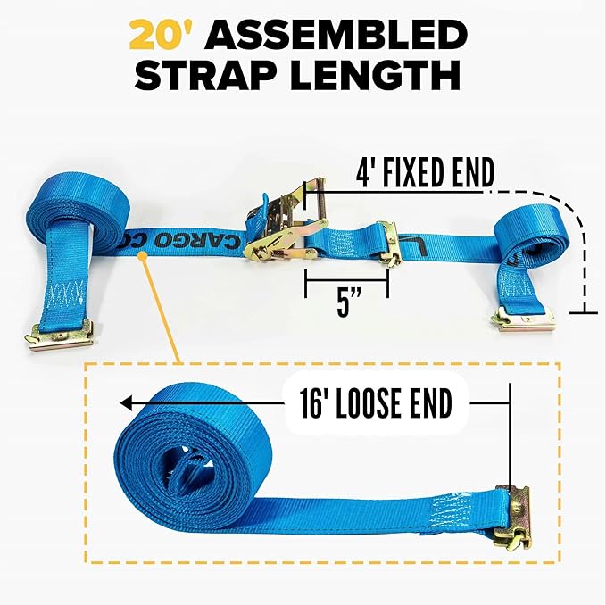 US Cargo Control Double-Fitted E-Track Ratchet Straps (4 Pack), 4,400 LBS Break Strength, 2 Inch x 20 Foot Heavy Duty E Track Straps with 3 Spring E-Fittings, Versatile 2-in-1 Logistic Tiedowns