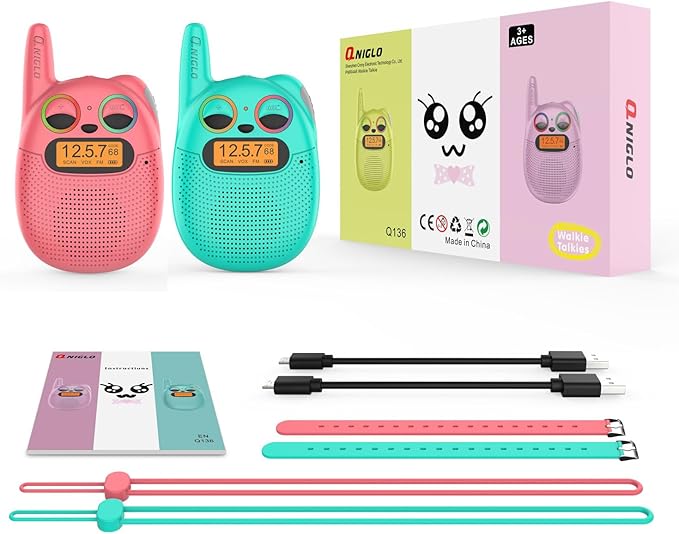 Qniglo Walkie Talkies for Kids, Rechargeable walkie Talkie Watch for Kids，3-Mile Range, 7-Day Standby, VOX， Backlit LED Screen， Great Gift for Girls and Boys Ages 3-12 (2-Pack)