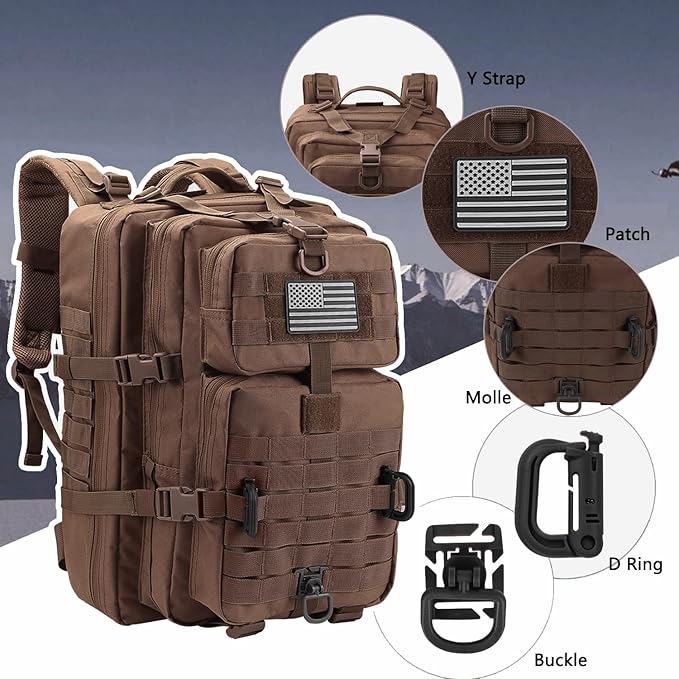 MOLLE Assault Backpack, Tactical Backpack Military Army Camping Rucksack, 3-Day Pack Trip w/USA Flag Patch, D-Rings, Dark Brown