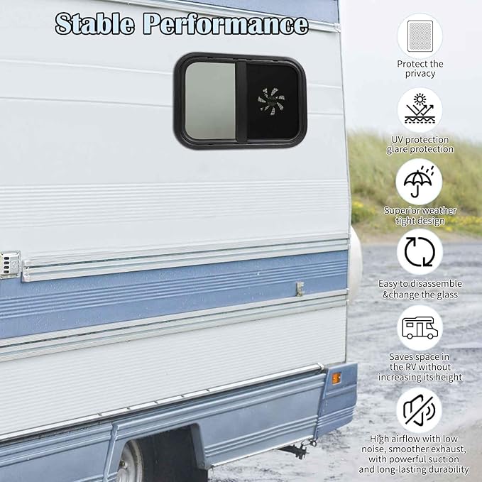 20"x14" RV Window with 12V Electric Fan - Horizontal Sliding Design, DOT Certified Tempered Glass, Aluminum Frame & Trim Kit