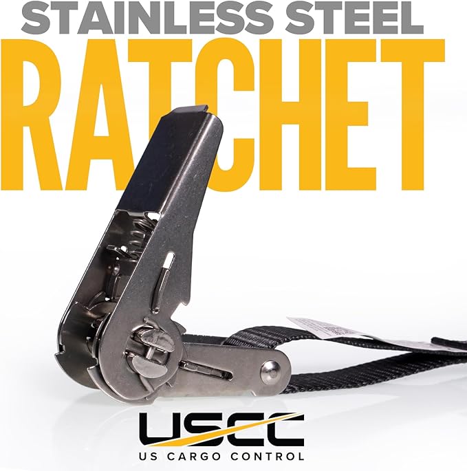 US Cargo Control Stainless Steel Ratchet Strap with Double Wire Hooks, 1" x 10', 1,500 LBS Break Strength, Marine Tie Down Straps for Boats, ATVs, Camping, Snow, Saltwater Applications