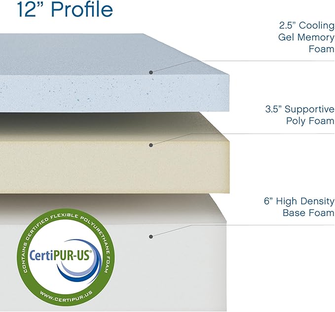 Cool Gel 12 Inch Twin XL Mattress Memory Foam Medium Firm, Gel Memory Foam Mattress Twin XL Cooling, Made in the USA, 12" Depth with Pressure Relief, CertiPUR-US Certified Fiberglass Free, Bed