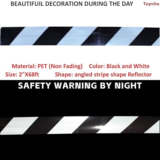 Reflective Tape Black and White 2 inch Wide for Cars, Outdoor Waterproo High Visibility Safety Warning Sticker Strips (68 feet)