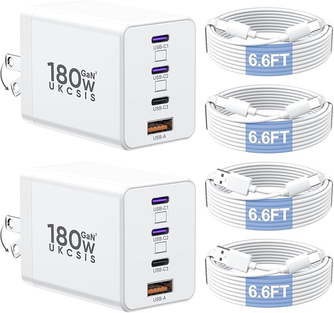 2 Pack 180W USB C Charger Block, Foldable 4-Port GaN Super Fast Charger USB C, Dual 65W Type C Charging Block, Laptop Fast Charging Adapter for MacBook Pro/Air, iPad, iPhone, Samsung Galaxy (White)