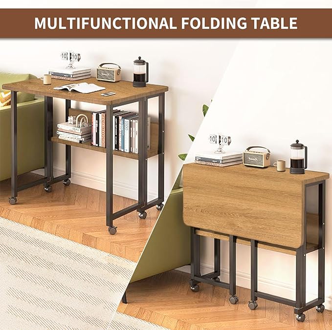 Mobile Foldable Desk w/ 6 Wheels,Portable Rolling Small Computer Desk w/Storage Shelves, Folding desks for Small Spaces, Computer Table for Home Office Bedroom Living Room-Brown