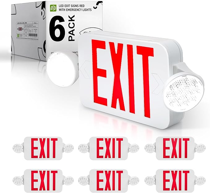 ASD LED Exit Sign with Battery Backup & Round Rotatable Heads - 120-277V UL 2.2W Double Face Emergency Exit Light for Business, Commercial Damp Location Power Outage Lights, Red, 6 Pack
