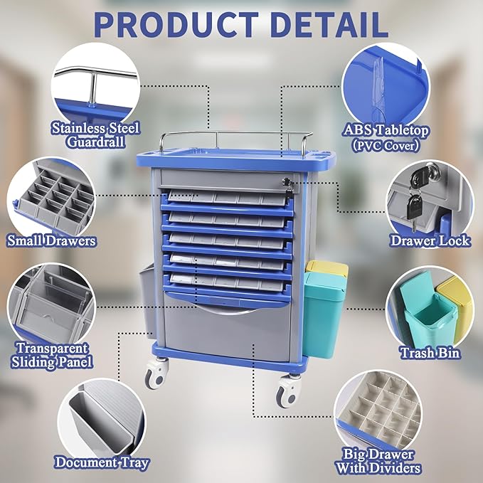 Kalolary Dual-Sided Lab Carts, Open Medication Bins Cart with 50 Medicine Boxes, Silent Casters, Movable Container, 2 Trash Bin-Medical Crash Cart for Lab, Clinic, Hospital, Salon, Blue