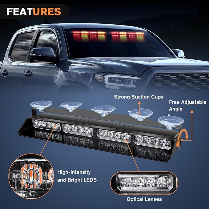 Nilight 32LED Amber Red Emergency Dash Strobe Lights with Controller Suction Cups Warning Hazard Interior Front/Rear Windshield Deck Split Light Bar for Trucks Construction Vehicles