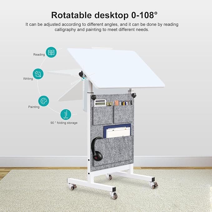 KOUPA Adjustable Height Standing Desk, Writable Tempered Glass Desktop with Eraser, 360° Flip, Wheels and Bag– Ideal for Small Spaces and Home Offices, 24 in, White(Adjustable Height: 32-47 in)