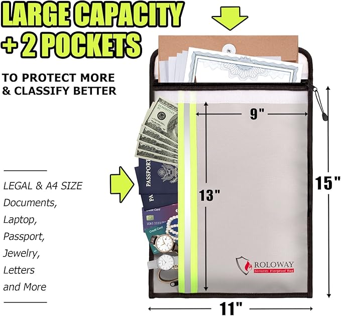 ROLOWAY Fireproof Document Bag (15 x 11 inch) with 2 Pockets, Fire Safe Envelope Bag for Cash, Legal Documents (Silver)