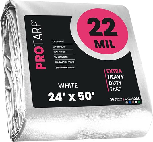 PROTARP Extreme Heavy Duty 22 Mil Tarp Cover, Waterproof, UV Resistant, Rip and Tear Proof, Poly Tarpaulin with Reinforced Edges for Roof, Camping, Patio, Pool, Boat. (White 24′ X 50′)