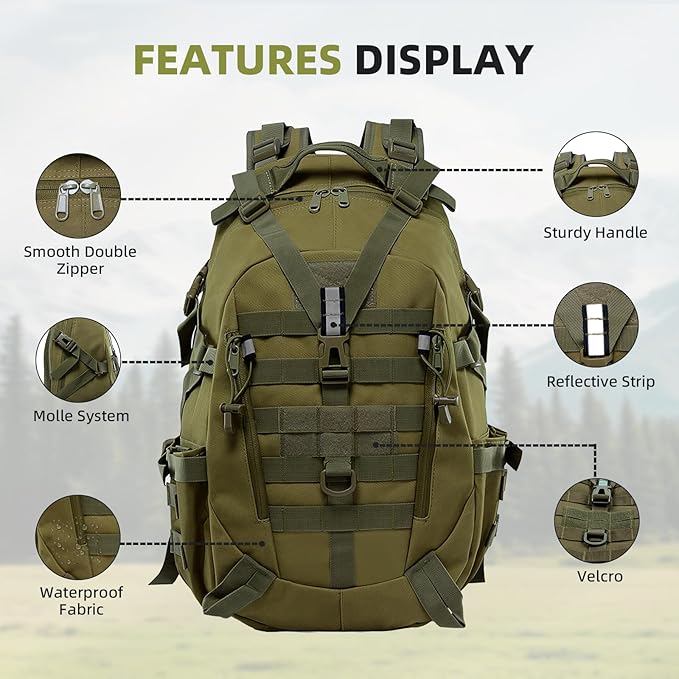 aiGear 25L Waterproof Tactical Backpack - Military Molle Assault Backpack for Men, 3-Day Combat Backpack with Water Bottle Holder