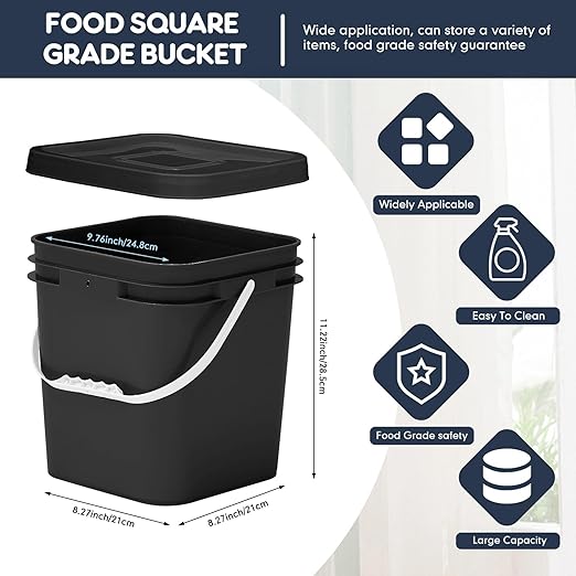 Mumufy 5 Pcs 3.5 Gallon Square Food Grade Bucket with Lid Square Bucket Pail with Plastic Handles for Storing Dry Food, Charcoal, Camping, Fishing (Black)
