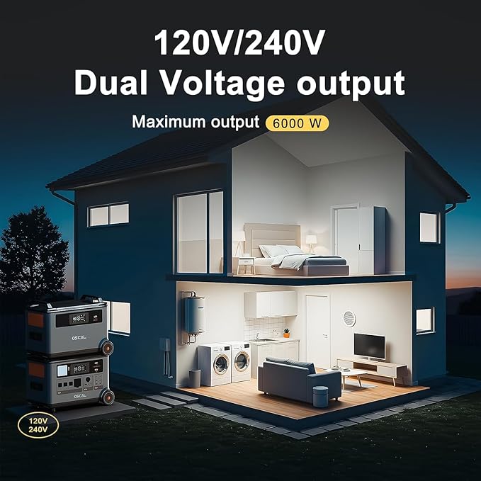 OSCAL PowerMax 6000 Solar Generator with 400W Solar Panel, 120V/240V Split Phase Voltage 6000W AC Outlets (9000W Peak), 2200W AC Charging/2400W PV Charging for Home, Emergency, Bank Battery Backup
