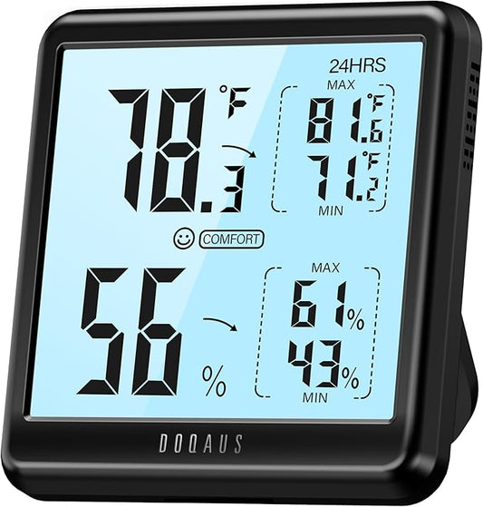 DOQAUS Digital Hygrometer Indoor Thermometer for House, Room Thermometer with 3s Fast Refresh & Max Min Records, Temperature Humidity Monitor Meter with Backlight, Black