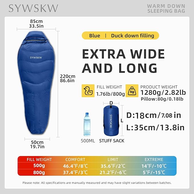 Down Sleeping Bag with Pillow for Backpacking,15℉ 5℉ 0℉ Wide Down Sleeping Bag (86.6 in x 33.5 in) for Adults,Teens,Youth Camping and Hiking Outdoor with 680FP Duck Down