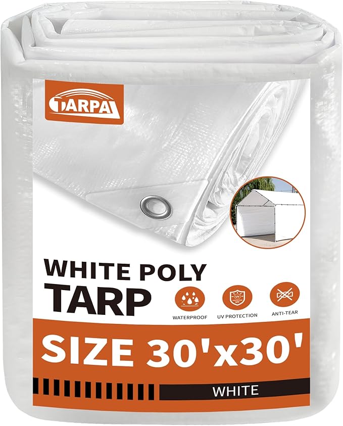 TARPAL 30'x30' White Tarp Waterproof 7.5 mil Medium Duty All Purpose Poly Tarps Cover Waterproof,Snow Proof UV Protection,Rip and Tear Proof,Poly Tarpaulin
