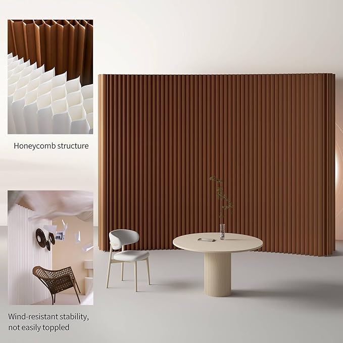 Paper Room Divider, Folding Privacy Screen Lightweight Stretchable Accordion Room Divider Wall, Portable Paper Wall Divide for Home, Office, Clothing Shop (Brown, L：197in x W: 17in x H：63in)