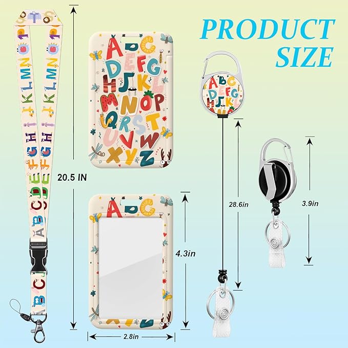 ID Badge Holder with Lanyard Colorful Alphabet Retractable Badge Reel Clip English Letter Lanyard Name Card Vertical ID Protector, ID Card Holder Keychain Name Badge Clip for Women Men