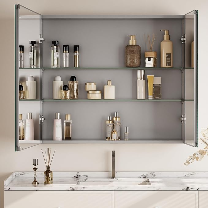 Bathroom Medicine Cabinet with Mirror, 40 Inch x 26 Inch Bathroom Mirror Cabinet with Double Door & Adjustable Shelves, Surface Mount or Recess Installation