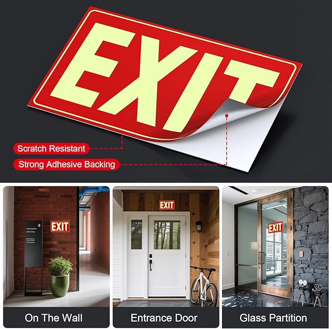 Glow in The Dark Photoluminescent Emergency Exit Signs Self-Adhesive Sticker, 12x7 Inches Illuminated Red Exit Sign for 50 Ft Visibility, UV Protected Tear & Scratch Resistant PVC (2 Pack)