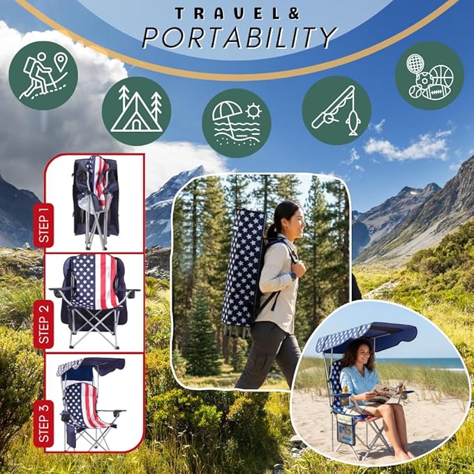 Portable Folding Camping Chairs with Canopy Shade, Beach Chair for Adults, Durable Weather Resistant 600D Oxford Cloth, Camping Chair with Canopy for Outdoors [Flag-2 Pack]