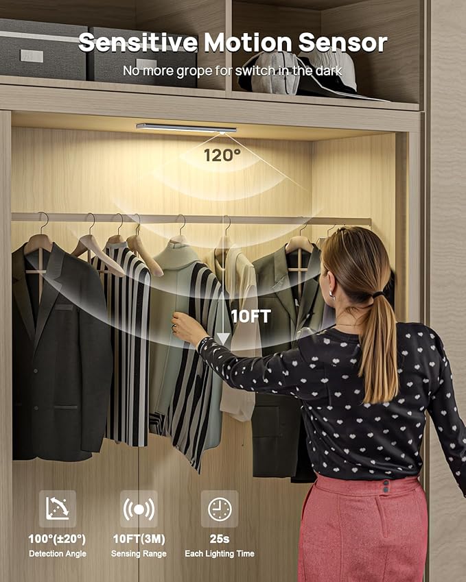 Under Cabinet Lighting with Remote Control,USB Rechargeable 180 Lumen LED Motion Sensor Light Indoor,Wireless Under Counter Light,3 Color Dimmable Closet Light for Bedroom,Wardrobe,Stairs,4 Pack