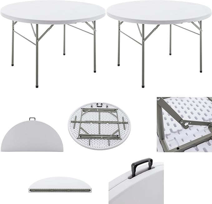 BTEXPERT Set of 2 White 4 Ft 48inch Round Plastic Folding Table Commercial Portable for Banquet Dining Wedding Party Events Home Kitchen Patio Backyard Indoor Outdoor