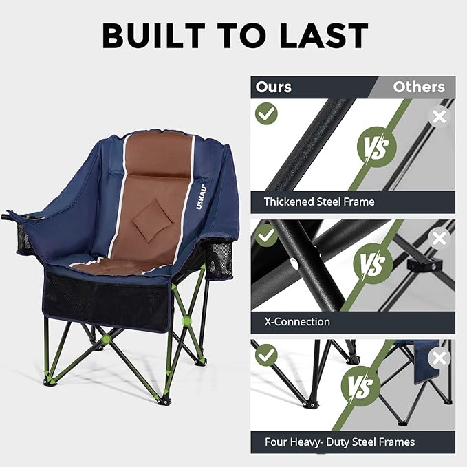 Oversized Folding Camping Chair for Adults Heavy Duty Padded Outdoor Chairs Big and Tall XL Picnic Chair with Cup Holders 400lb Capacity, Comfy for Lawn Sports and Outside Use
