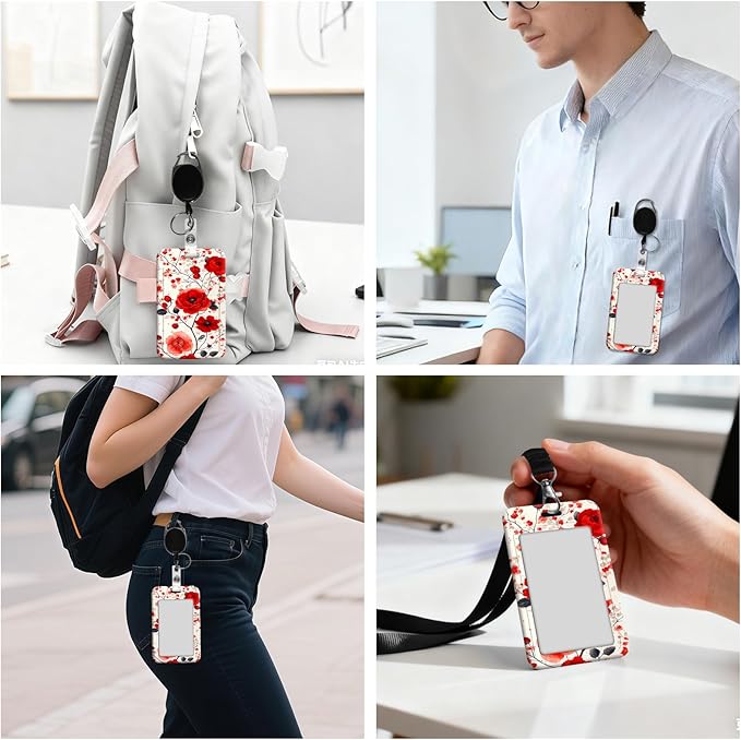 ID Badge Holder with Retractable Lanyard for Women & Men,Vertical ID Card Holder Wallet,Clear Window&Card Slot,Detachable Neck Strap for Nurse Teacher Office,Red Floral Art