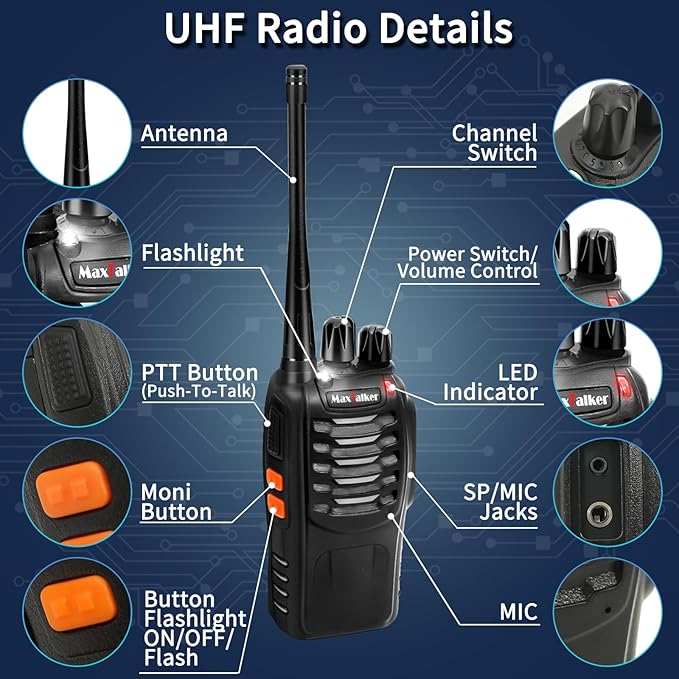 Rechargeable Walkie Talkies Long Range: MaxTalker MT-8S Walkie Talkie with Earpiece, Flashlight, VOX 1500mAh Battery, Walkie Talkies for Adults Business, Hunting Camping Essentials, 4 Pack