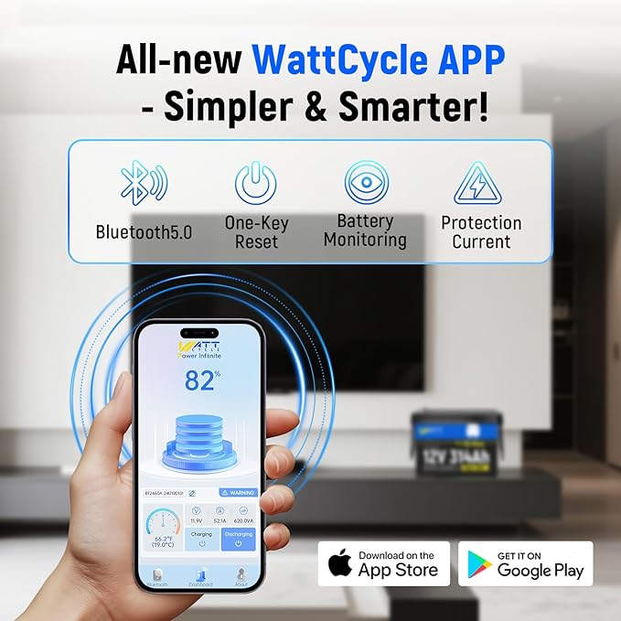 Wattcycle 12V 314Ah (300Ah) Mini LiFePO4 Lithium Battery - 15,000 Cycles, Bluetooth 5.0, 200A BMS, Aluminum Fins for RV, Marine, Solar, Lightweight 12v Lithium Battery (4 Packs)