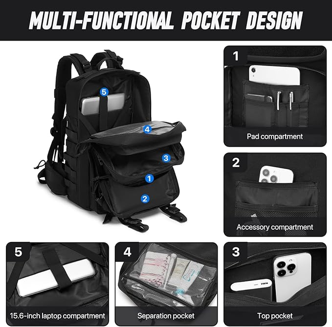 Tactical Backpack for Men, Water Resistant 40L Military Backpack, for Hiking, Camping, Gym with Molle System