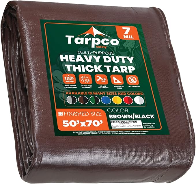 Tarpco Safety Heavy Duty 7 Mil Tarp Cover, Waterproof, UV Resistant, Rip and Tear Proof, Poly Tarpaulin with Reinforced Edges for Roof, Camping, Patio, Pool Cover, Boat (Brown/Black 50′ X 70′)