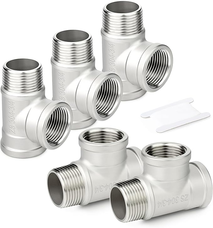 TAISHER 5PCS 304 Stainless Steel Tee Pipe Fittings, 3/4" NPT Female x 3/4" NPT Female x 3/4" NPT Male Pipe Fittings, Male Run Tee