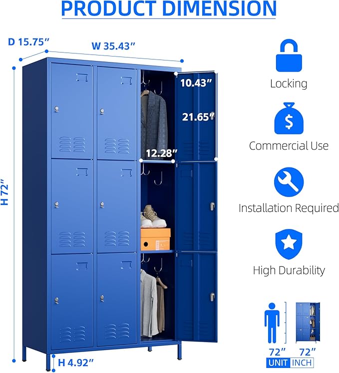 METAN Metal Locker for School Office Gym Bedroom,9 Doors Steel Storage Lockers Cabinet for Employees,Industrial Storage with Padlock,Assembly Required,Blue