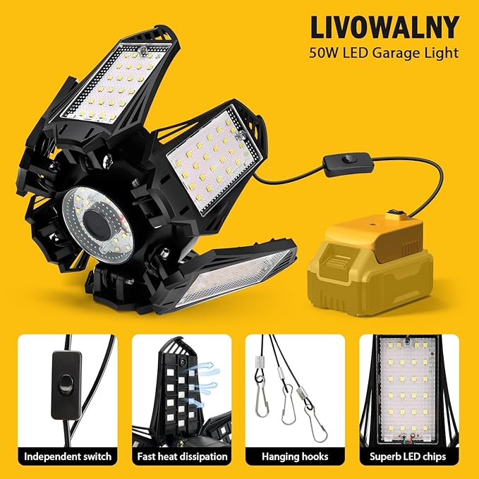 LIVOWALNY LED Work Light Compatible with Dewalt 20V Battery, 68W 6800LM LED Garage Flood Lights with 6+1 Deformable Panels, Battery Powered Pendant Ceiling Light for Shed Workshop Garage Home
