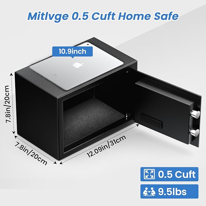 0.5 Cu ft Small Safe Box with Fireproof Waterproof Bag, Home Safe with Keys & Pass Code & Wall Mount Kits, Money Safe with Smart Alert System for Money, Jewelry, and Documents, 12.1''W×7.8''D×7.8''H