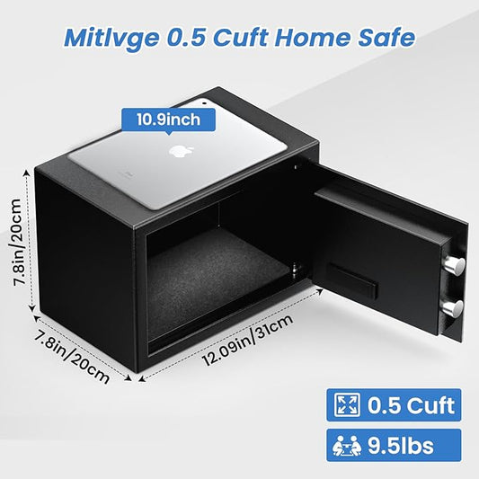 0.5 Cu ft Small Safe Box with Fireproof Waterproof Bag, Home Safe with Keys & Pass Code & Wall Mount Kits, Money Safe with Smart Alert System for Money, Jewelry, and Documents, 12.1''W×7.8''D×7.8''H