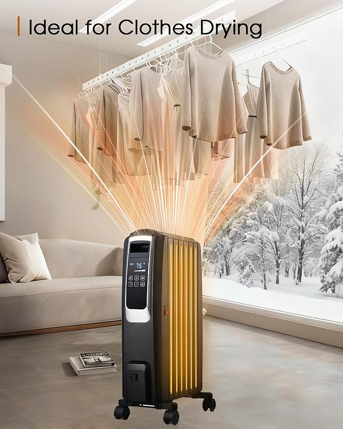 Oil Filled Radiator Heater, Electric Radiant Heaters for Indoor Use Large Room, Portable Space Heater with ECO Mode, Quiet Heating with Remote Control, 24H Timer, Tip-over & Overheat Protection