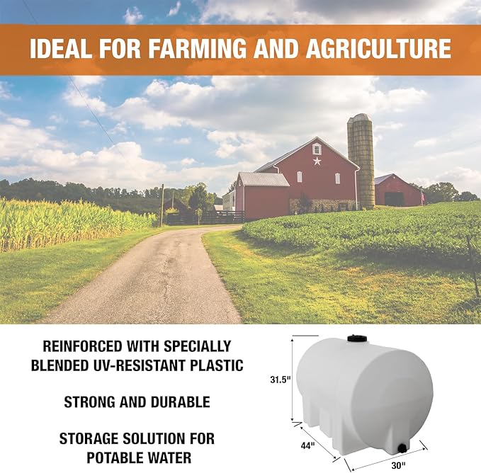 RomoTech 125 Gallon Polyethylene Storage Tank with Legs–Heavy-Duty Horizontal Water Storage Tank for Farms, Industrial or Chemical Use–UV-Resistant, Rustproof, BPA-Free Plastic Liquid Tank, 82123949