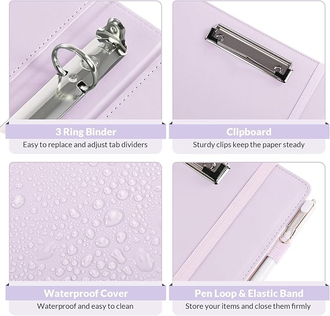 SKYDUE 3 Ring Binder with Clipboard 1 Inch, 13.2" × 10.2" PU Clipboard Binder with Notepad & 5 Dividers with 5 Pockets, Labels, Clipboard Folder Great for School Office(Fit Letter Sized Paper)