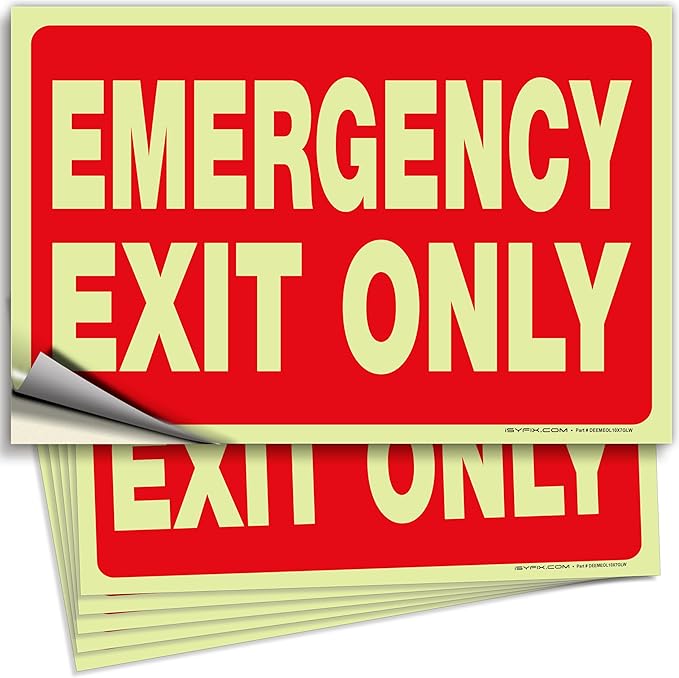 iSYFIX Emergency Exit Only Glow in the Dark Sign Stickers – 6 Pack 10x7 Inch – Photoluminescent Vinyl, Laminated for UV, Weather & Fade Resistance, for Business, School, Office, Warehouse