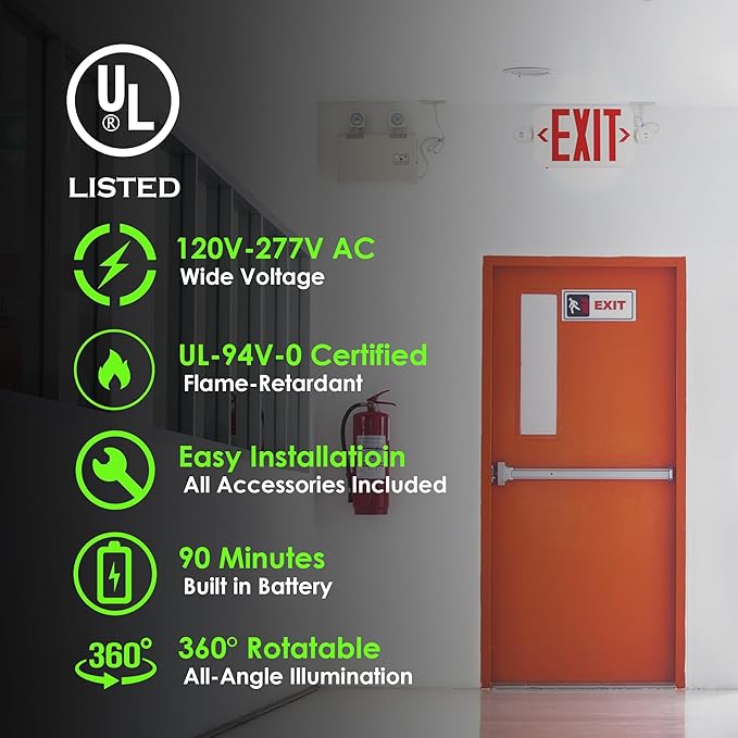 Gruenlich LED Exit Sign Combo with Emergency Lights, Adjustable Heads, Battery Backup, UL 924 Qualified, AC 120-277V, Commercial Emergency Exit Light for Business- 12 Pack