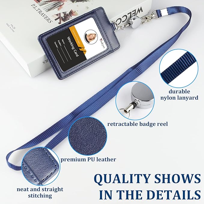 Teskyer Leather Badge Holder with Lanyard and Badge Reel, Retractable Lanyard ID Card Holder for Office School Name Work IDs, Blue